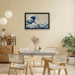 The ocean in this vintage art print by Katsushika Hokusai. "Kanazawa Oki Nami Ura",displayed on the wall