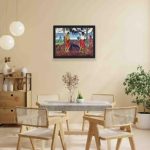 VIntage art print of Paul Gauguin's "Under the Pandanus."hung on a yellow background wall