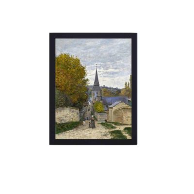 Vintage Claude Monet art print. "Street in Sainte-Adresse" (1867),displayed on a grey wall with black frame