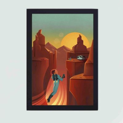 Retro space travel poster. Futuristic design,mounted on the wall with black frame