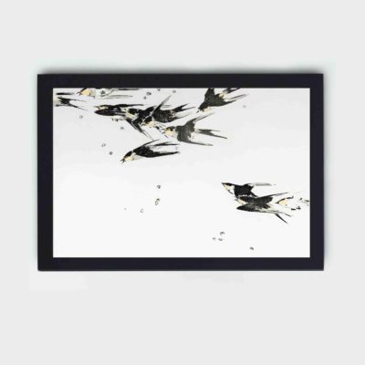 Enhance your decor with this vibrant vintage art print of flying magpies by Watanabe Seitei,mounted on the wall