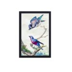 This vintage art print featuring a blue jay and purple-breasted cotinga, painted by Aert Schouman in 1760,mounted on the wall