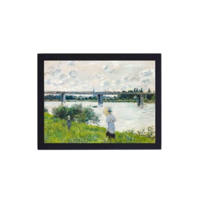 It's a picture of a bustling French scene with a railroad bridge,mounted on the wall with black frame.