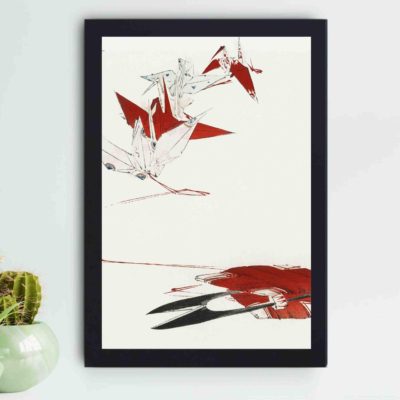 Enhance your decor with this stunning vintage art print of bird origami by Watanabe Seitei,placed on the wall