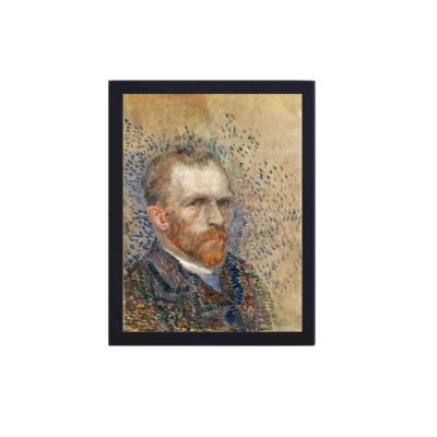 Vintage art print of Vincent van Gogh's iconic "Self-Portrait",displayed on the wall with black frame