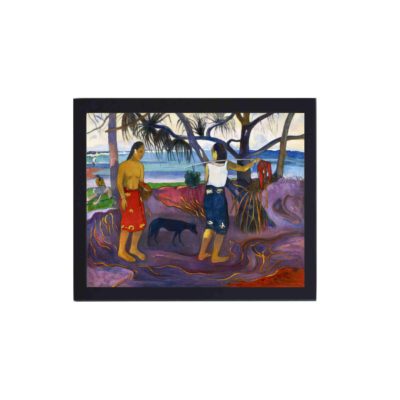 Vintage art print of Paul Gauguin's "I Raro Te Oviri."hung on a white background wall