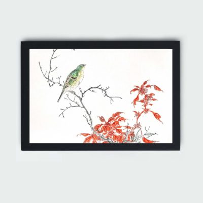 Discover the beauty of a Japanese Yellow Bunting and Chinese Amaranth in this vintage art print by Numata Kashu,placed on the wall