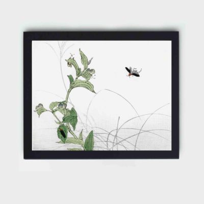 Enhance your decor with this stunning vintage art print of fireflies by Morimoto Toko,displayed on the wall