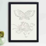 this stunning vintage art print featuring a butterfly and crane from Yatsuo no Tsubaki by Taguchi Tomoki,displayed on the wall