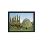 vintage art print of Henri Rousseau's "Meadowland (The Pasture)" (1910),hung on a grey background wall