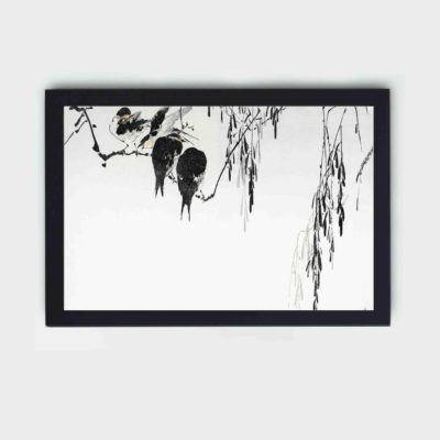 this exquisite vintage art print of perched magpies by Watanabe Seitei,framed and placed on the wall