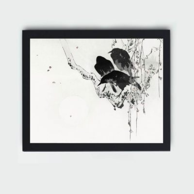 Japanese nature with this stunning print of crows on a branch by Watanabe Seitei,mounted on the wall