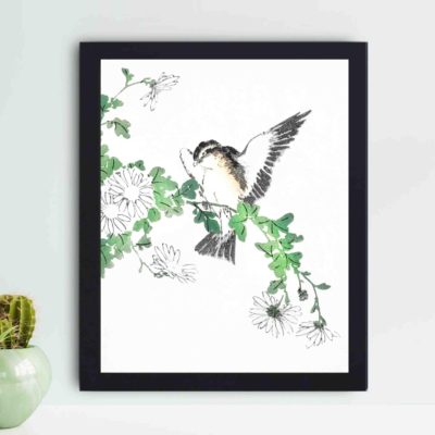 the beauty of a Narcissus Flycatcher and Chrysanthemum in this vintage art print by Numata Kashu,placed on the wall