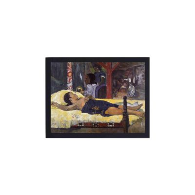 vintage art print of Paul Gauguin's "The Birth of Christ."framed and placed on the wall