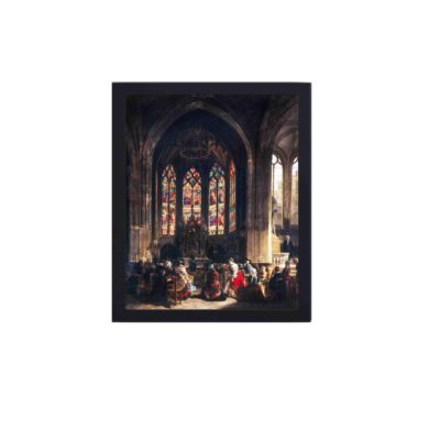 Vintage art print of Prosper Lafaye's "The Chapel of the Virgin.", hung on the white background wall