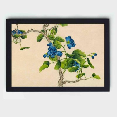 Elevate your space with the enchanting beauty of climbing blue flowers,displayed on the wall