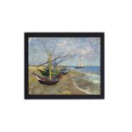 Vintage Van Gogh canvas print featuring "Fishing Boats on the Beach at Saintes-Maries", framed and placed on the wall