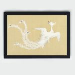 Stunning bird print from Kamisaka Sekka's Momoyogusa,displayed on the wall with black frame