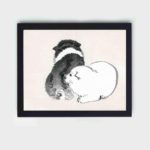 the playful charm of Black and White Puppies in this vintage art print by Kono Bairei,Displayed on the wall