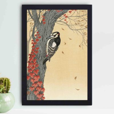 Discover the beauty of a Great Spotted Woodpecker in this vintage art print by Ohara Koson,placed on the wall