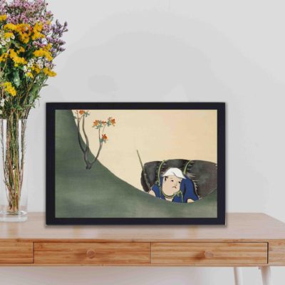 this stunning vintage art print of a samurai from Momoyogusa Flowers of a Hundred Generations,displayed on a table