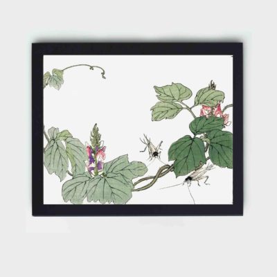 Enhance your decor with this stunning vintage art print of a leaf and flower by Morimoto Toko,mounted on the wall