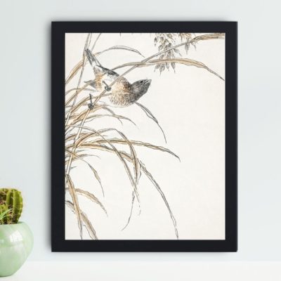 Experience the harmony of nature with this Japanese Grey Bunting and Rise Plant art print by Numata Kashu,framed and placed on the wall