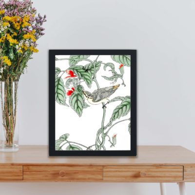 Discover the beauty of a Japanese Great Tit and Japanese Cypress in this vintage art print by Numata Kashu,placed on the wall