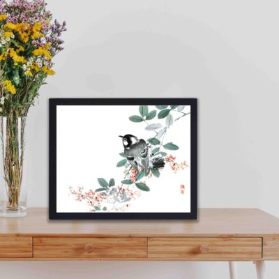 Discover the charm of a Black-capped Chickadee in this vintage art print by Kono Bairei,placed on the wall