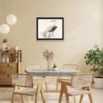 Experience the serenity of nature with this vintage crane art print by Kono Bairei,displayed on the wall