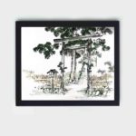 Discover the serene beauty of a Shrine Gate in this vintage art print by Kono Bairei,placed on the wall