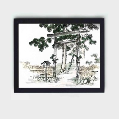 Discover the serene beauty of a Shrine Gate in this vintage art print by Kono Bairei,placed on the wall