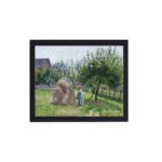 This vintage art print of "Apple Trees in Eragny" by Camille Pissarro,displayed on the wall with black frame.