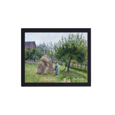 This vintage art print of "Apple Trees in Eragny" by Camille Pissarro,displayed on the wall with black frame.