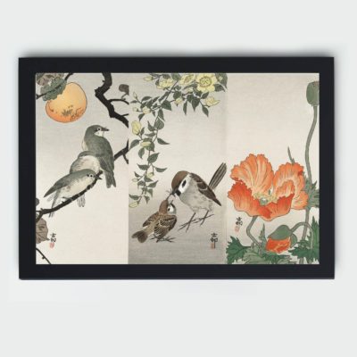 Experience the harmony of nature with this Ohara Koson bird and plant art print,Placed on a table