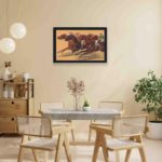 Feel the adrenaline rush with this vintage horse race art print,mounted on the wall