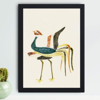 Japan with this vintage woodblock print of a crane,mounted on the wall