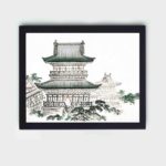 the serene beauty of Japanese architecture in this vintage art print by Kono Bairei,placed on the wall