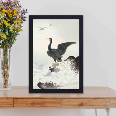 Discover the beauty of a Red-masked Cormorant in this vintage art print by Ohara Koson. ,placed on the wall