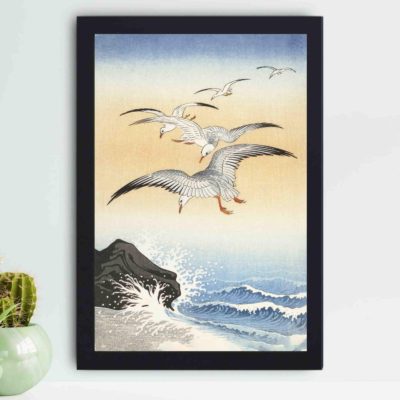 Experience the power of the ocean in this vintage art print by Ohara Koson. "Five Seagulls Above Turbulent Sea" ,placed on the wall