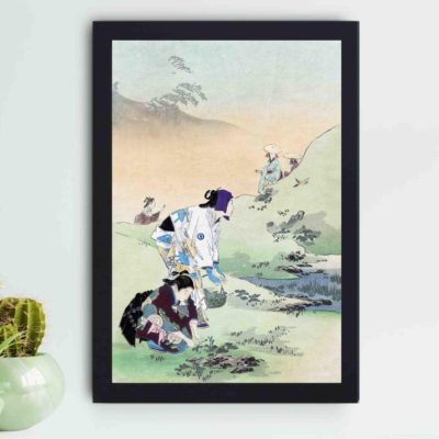 Japanese life with this Ogata Gekko "Beauties Harvesting Bracken" art print,displayed on the wall