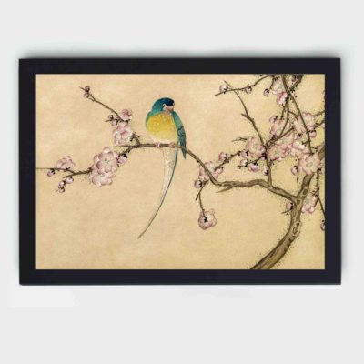 Featuring a delicate bird amidst plum blossoms,displayed on the wall