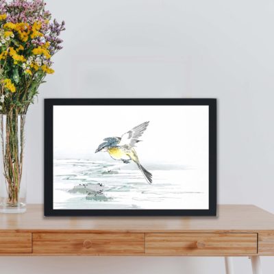 Discover the beauty of an Eastern Grey Wagtail in this vintage art print by Numata Kashu,placed on the wall