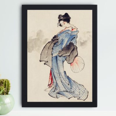 Admire the grace of a Japanese Geisha in this vintage Hokusai art print,hung on a grey background wall