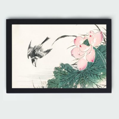 Experience the harmony of nature with this Japanese Pied Wagtail and red lotus art print by Numata Kashu,framed and placed on the wall