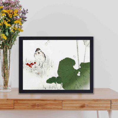 this stunning vintage art print of a Eurasian tree sparrow by Watanabe Seitei,displayed on the wall