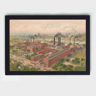 Explore the industrial age with this vintage Goodrich factories art print,mounted on the wall