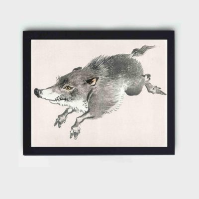 this stunning vintage art print of a wild boar by Kono Bairei,displayed on the wall