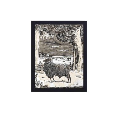 Our vintage art print featuring "Sheep in a Landscape with Two Trees" by Richard Roland Holst,displayed on the wall