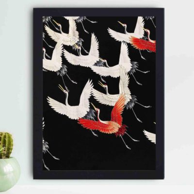 this exquisite vintage art print of a woman in a furisode kimono surrounded by flying cranes,mounted on the wall